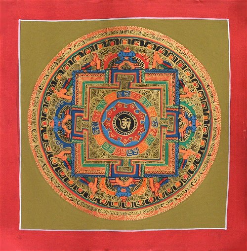 Картина Мандала с тибетским ОМ (красная рамка, бежевый фон, 26,8 х 27,2 см)