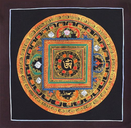 Картина Мандала с тибетским ОМ (коричневая рамка, черный фон, 25 х 25 см)