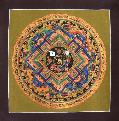 Картина Мандала с тибетским ОМ (коричневая рамка, бежевый фон, 25 х 25 см)