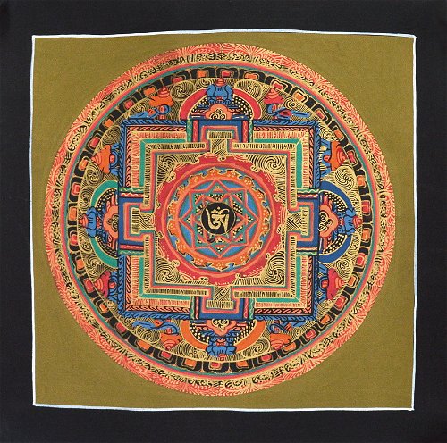 Картина Мандала с тибетским ОМ (черная рамка, золотистый фон, 25 х 25 см)