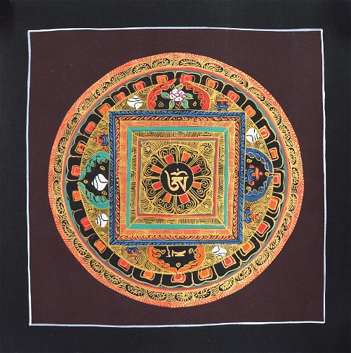 Картина Мандала с тибетским ОМ и Драгоценными символами (черная рамка, коричневый фон, 25 х 25 см)