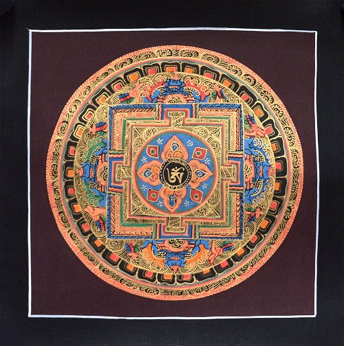 Картина Мандала с тибетским ОМ (черная рамка, коричневый фон, 25 х 25 см)