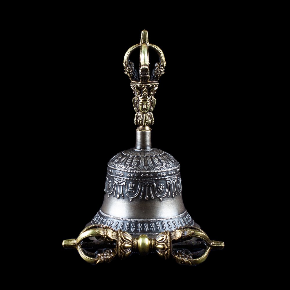 Колокольчик с ваджрой, 17 см, Оригинальный колокольчик из Дехрадуна (Индия), 17 см, серебристый, патинированный, Колокольчик с ваджрой, 17 см, Оригинальный колокольчик из Дехрадуна (Индия)