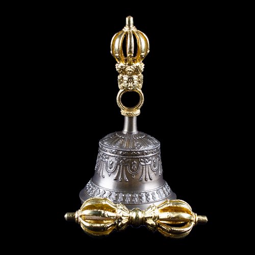 Колокольчик с ваджрой (девятиконечный), 16,5 см, Оригинальный колокольчик из Дехрадуна (Индия)