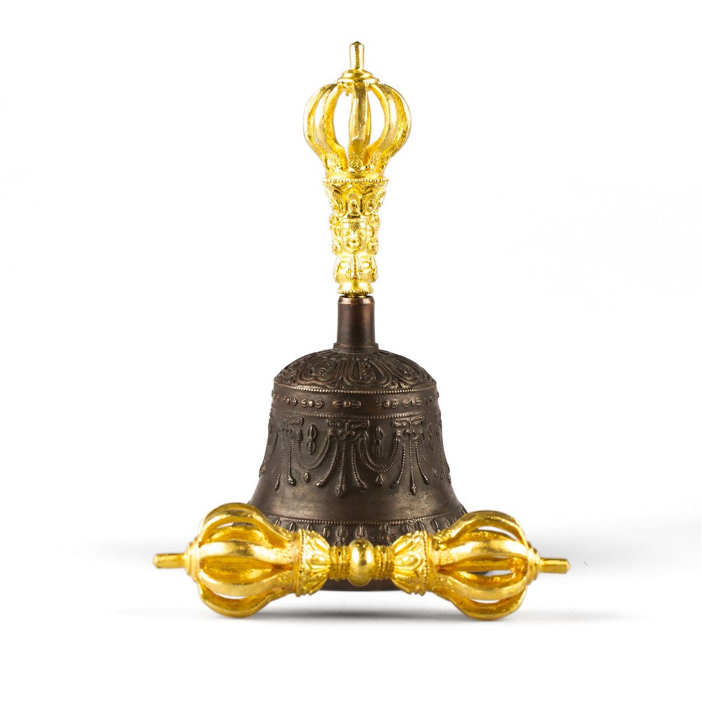 Колокольчик с ваджрой (черный) девятиконечный, 17,5 см, Непал, хорошее качество, золотой, черный