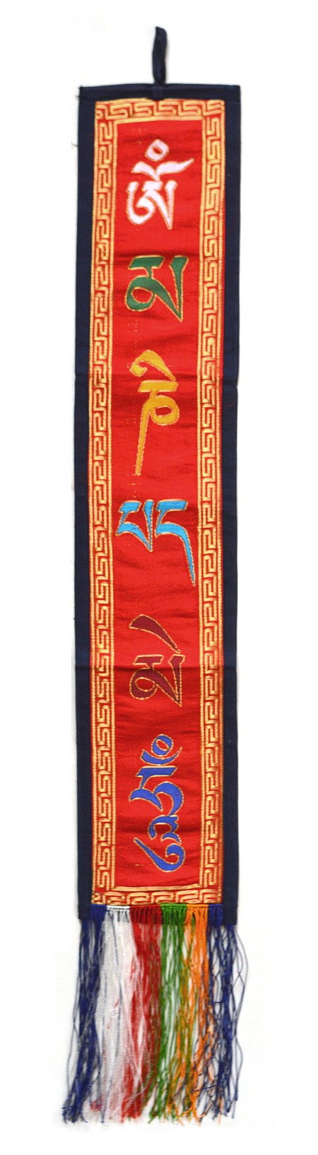 Настенное украшение с мантрой ОМ МАНИ ПАДМЕ ХУМ (красный с синей каймой, 12,5 x 63 см)