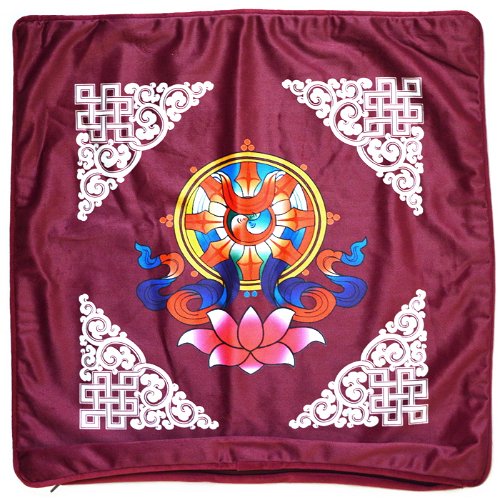 Наволочка бархатная с символом Колеса Дхармы, 41 x 41 см, бордовая
