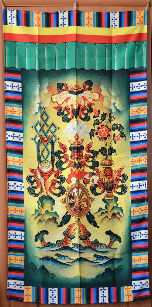 Занавеска с Восемью Драгоценными Символами на цветном фоне, 90 х 180 см