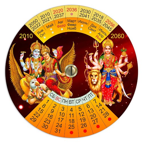 Календарь вращающийся пластиковый "Вишну, Лакшми, Гаруда, Дурга" на 2010-2060 гг, 14,4 см