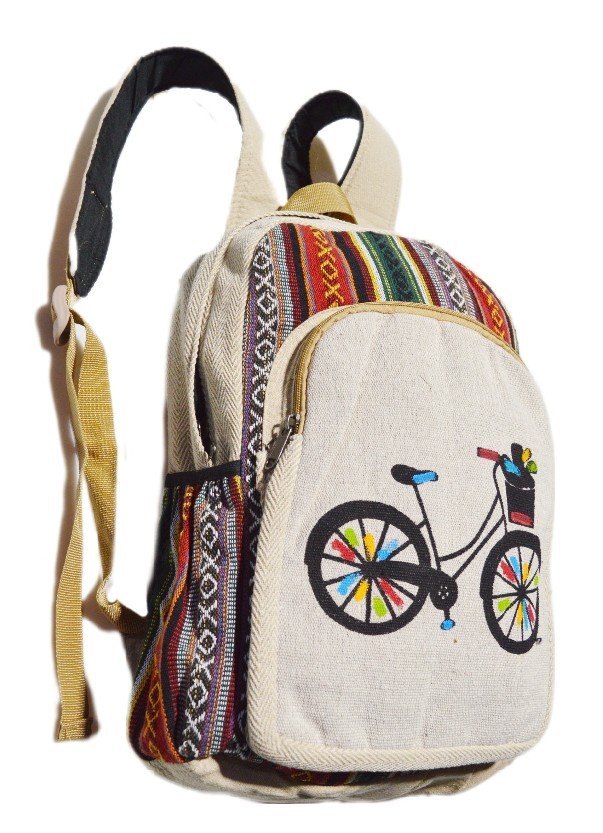 Рюкзак с велосипедом, бежевый с разноцветными полосами, 34 x 44 см. 