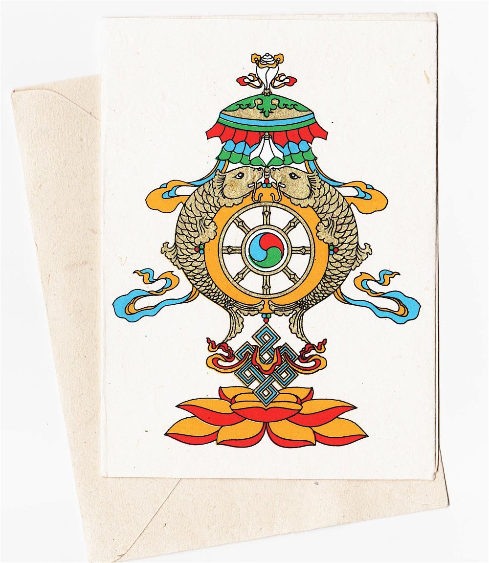 Открытка с конвертом "Золотые рыбки", 11 х 15 см, бумага локта, Непал, 11 х 15 см, Золотые рыбки