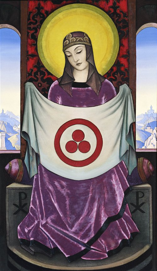 Постер "Мадонна Орифламма", 1932, Н.К. Рерих, репродукция (24 х 41), печать на шелке