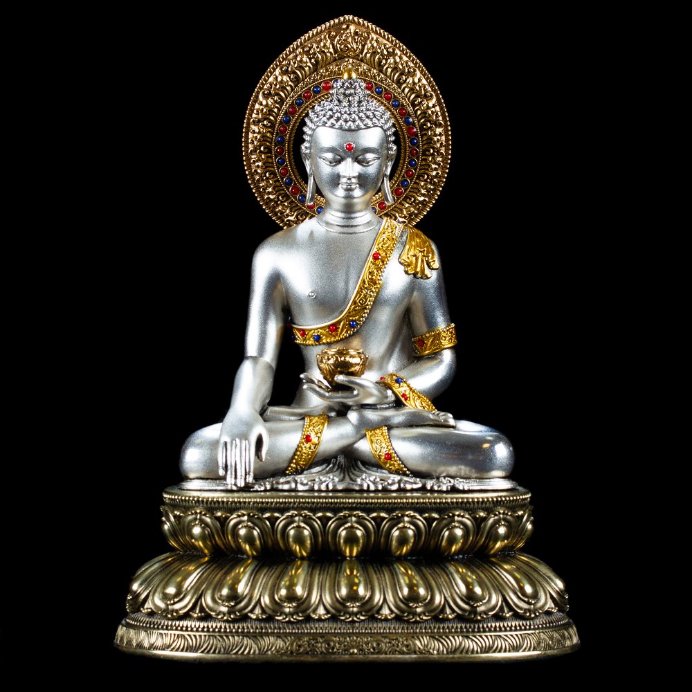 Статуэтка Будды Шакьямуни (бхумиспарша-мудра), посеребреная — 15.5 см, Будда Шакьямуни