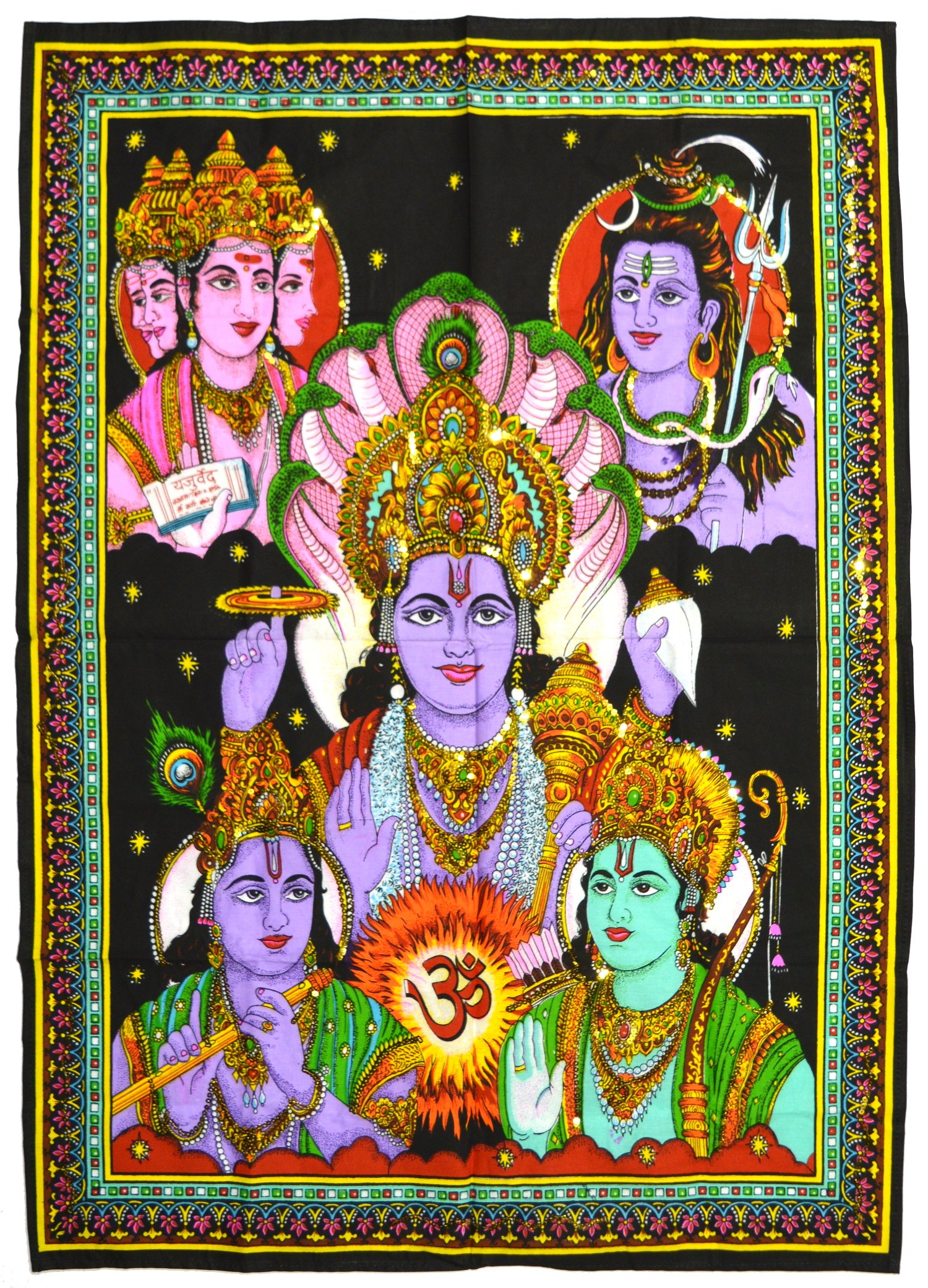 Панно "Брахма, Шива, Вишну, Кришна, Рама" с пайтеками (черный фон, 72 х 104 см). 