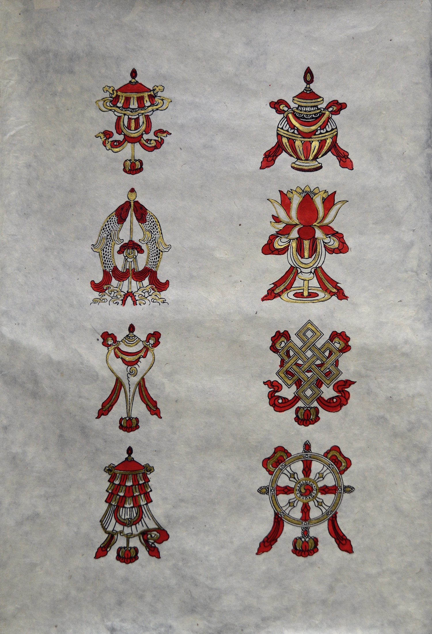 Плакат на бумаге локта Восемь Драгоценных Символов (красно-золотой) (50 х 75 см). 