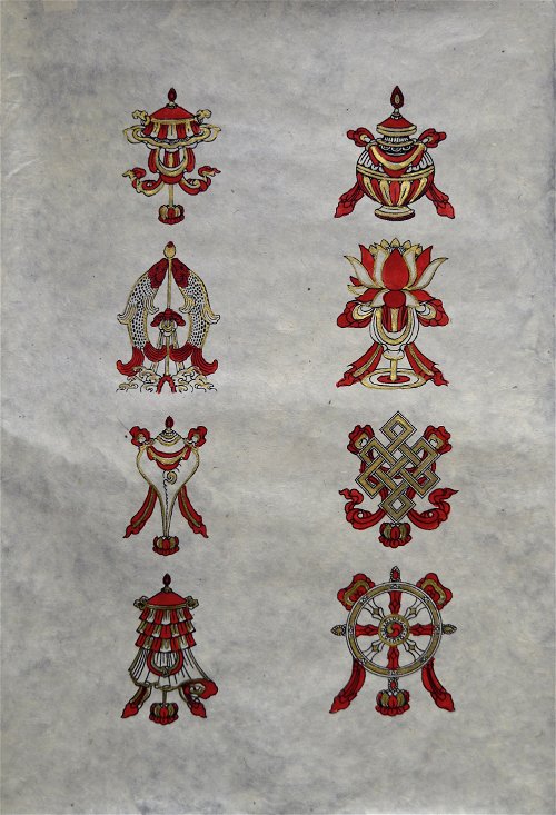 Плакат на бумаге локта Восемь Драгоценных Символов (красно-золотой) (50 х 75 см)