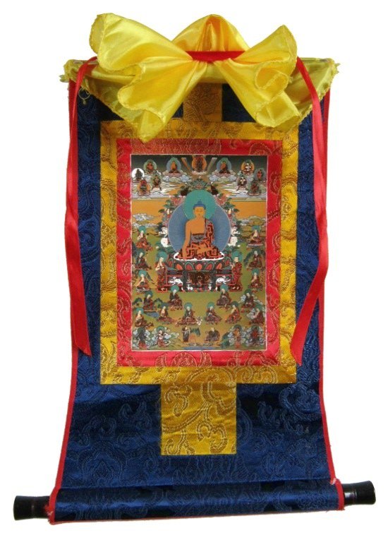 Тханка Будда и 16 архатов (печатная, маленькая), 22 х 35 см, изображение: 10,5 х 15 см