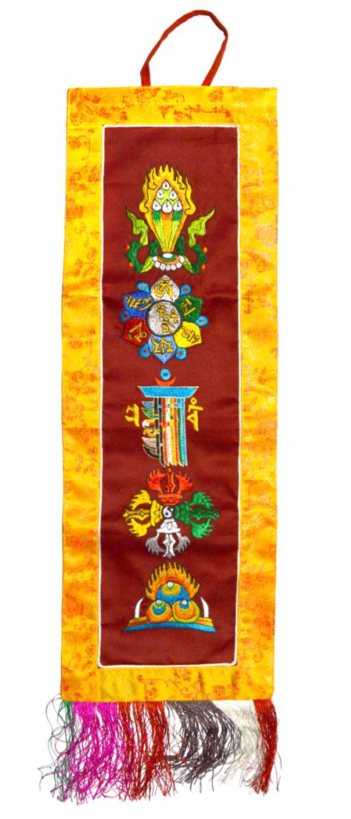 Настенное украшение с пятью символами (бордовое с желтой каймой), 23 х 66 см