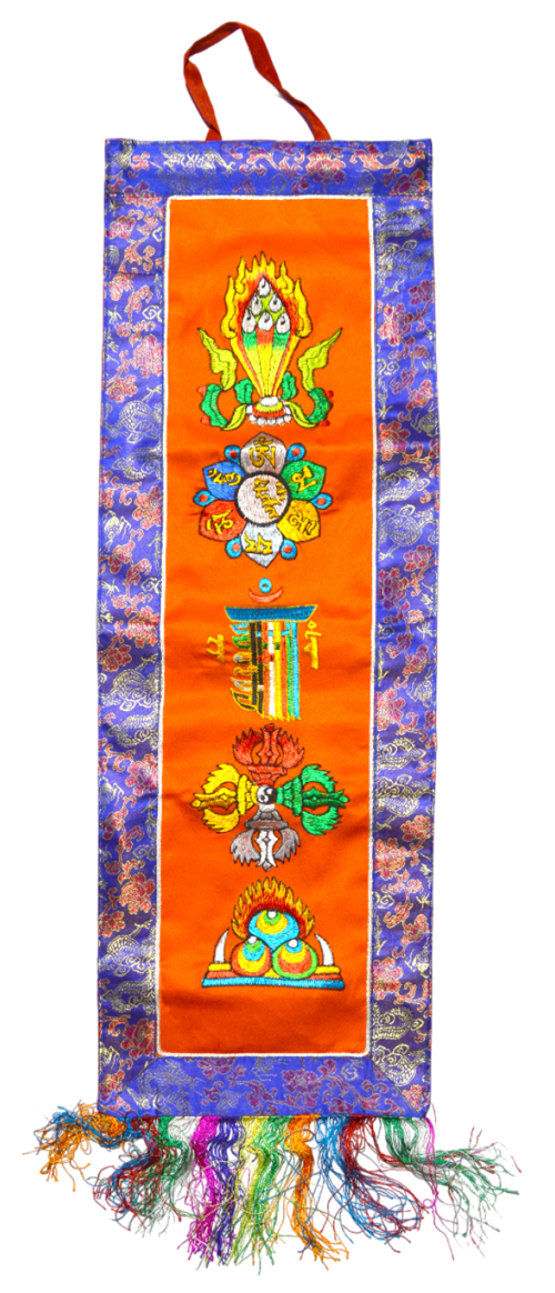Настенное украшение с пятью символами (оранжевое с синей каймой), 23 х 66 см
