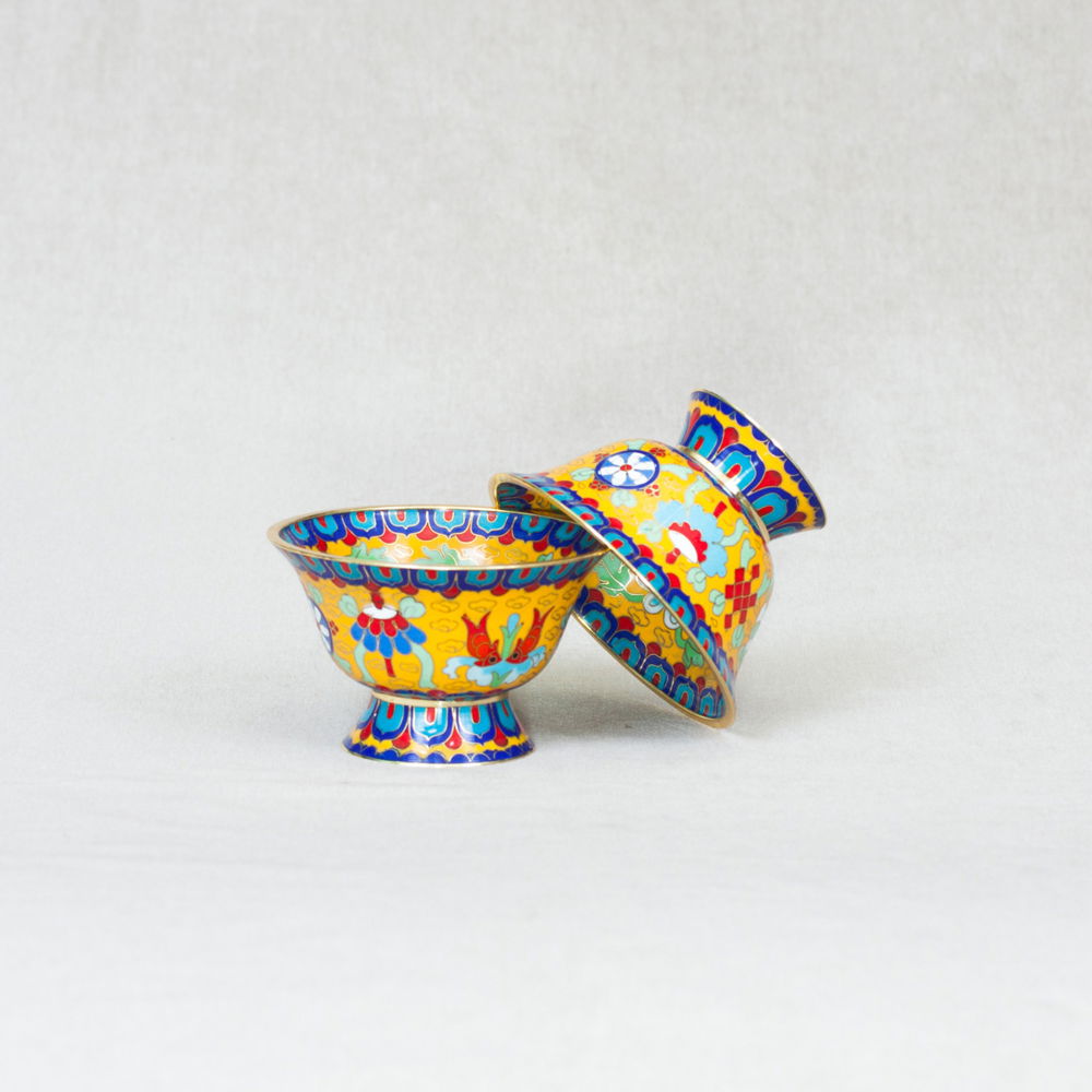 Tibetan Offering Bowls decorated with cloisonne — set of 8 pcs, 9.5 cm