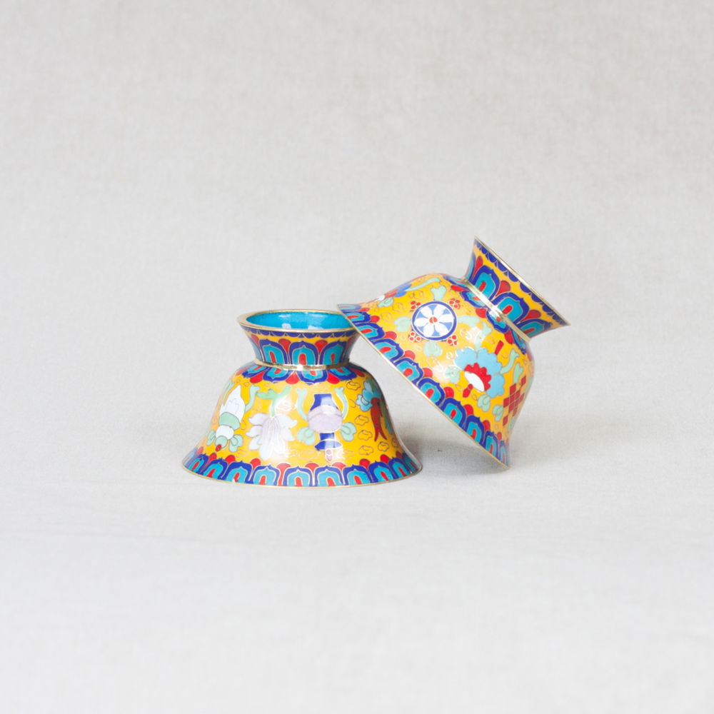 Tibetan Offering Bowls decorated with cloisonne — set of 8 pcs, 9.5 cm