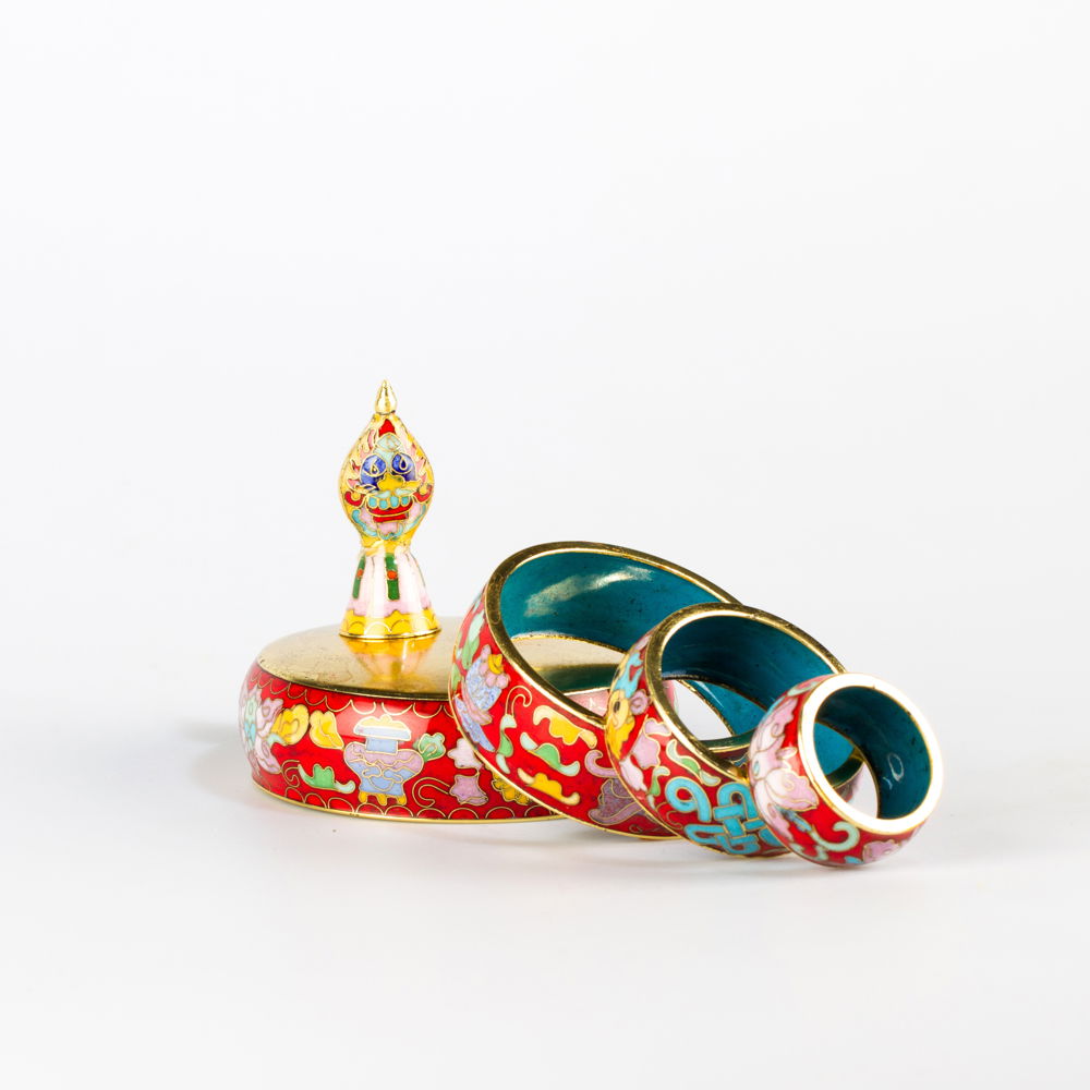 Tiny Mandala Set decorated with cloisonne — 17 cm, red color