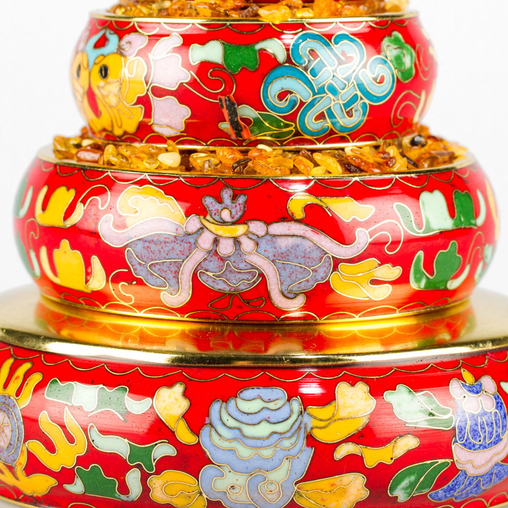 Small Mandala Set decorated with cloisonne — 20.5 cm, red color