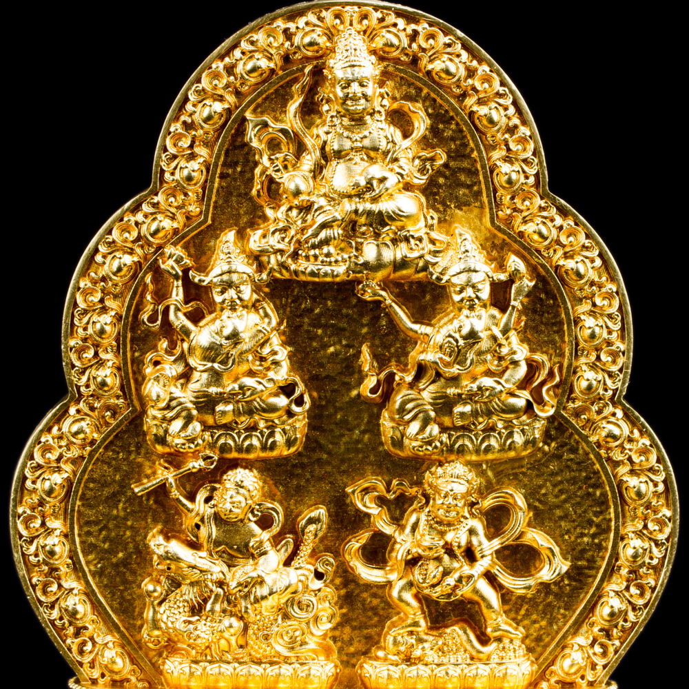 Buddhist figurine "Five Jambhalas (aka Dzambhalas)" Traditional Tibetan home charm, medium size — 11.2 cm, fine carving, , Gold