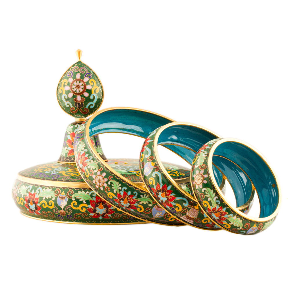 Buddhist Mandala Set decorated with Ashtamangala, big size and amazingly detailed, height — 30 cm, diameter — 21 cm, Green