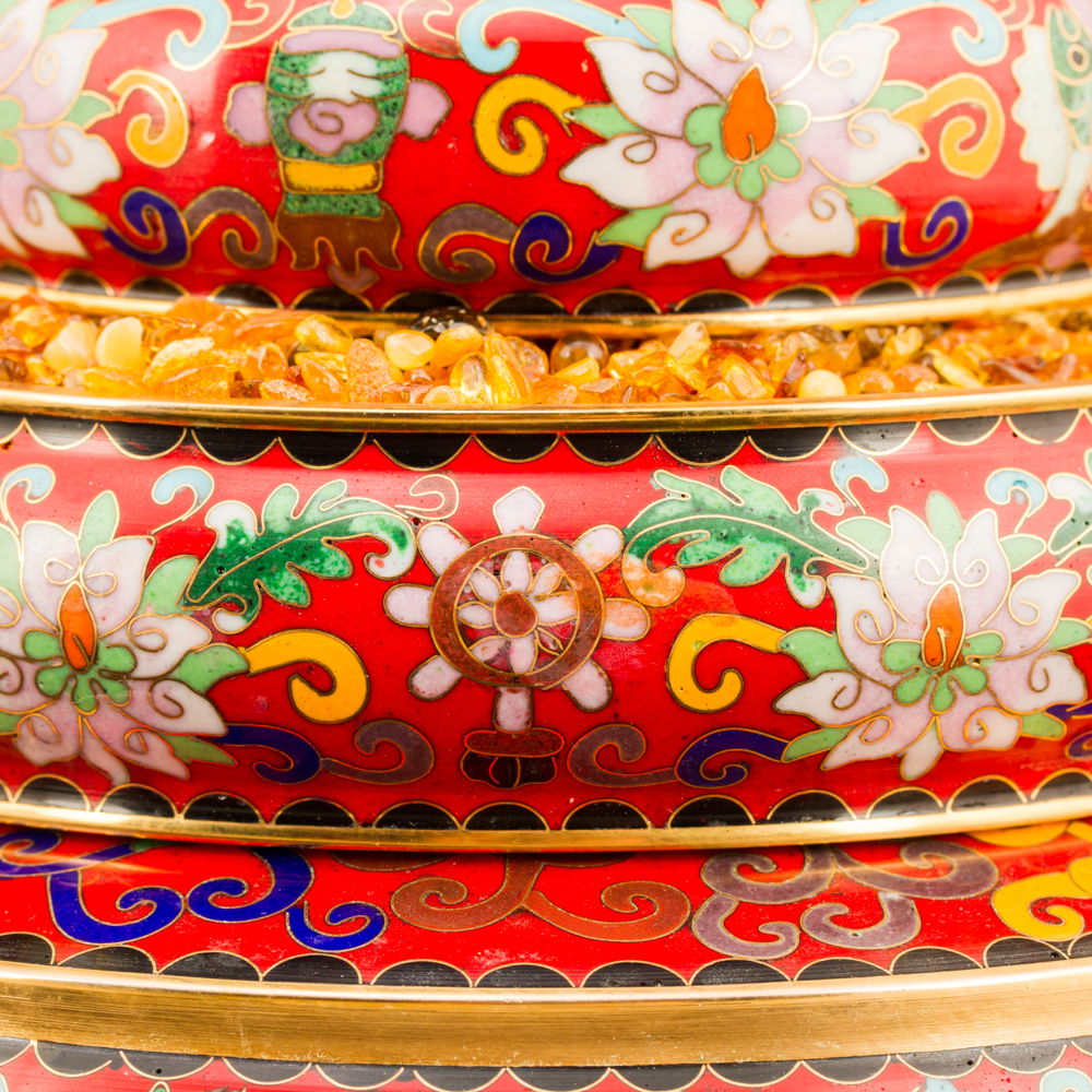 Buddhist Mandala Set decorated with Ashtamangala, big size and amazingly detailed, height — 30 cm, diameter — 21 cm, Red