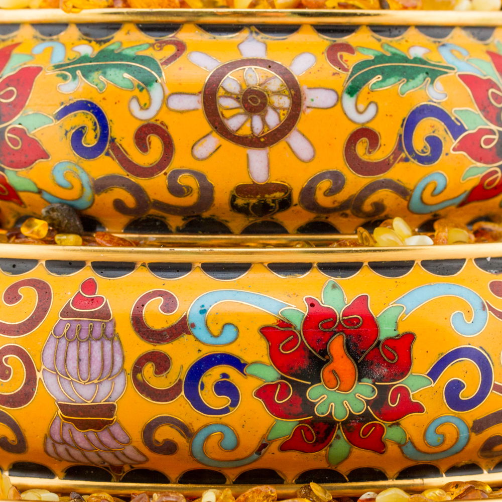 Buddhist Mandala Set decorated with Ashtamangala, amazingly detailed, height — 30 cm, diameter — 21 cm, Yellow