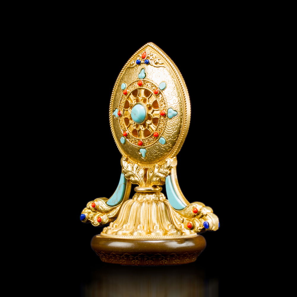 The Wheel of Dharma — Tibetan Traditional Buddhist Statue for Altar. Tiny size — 10.5 cm., Tiny
