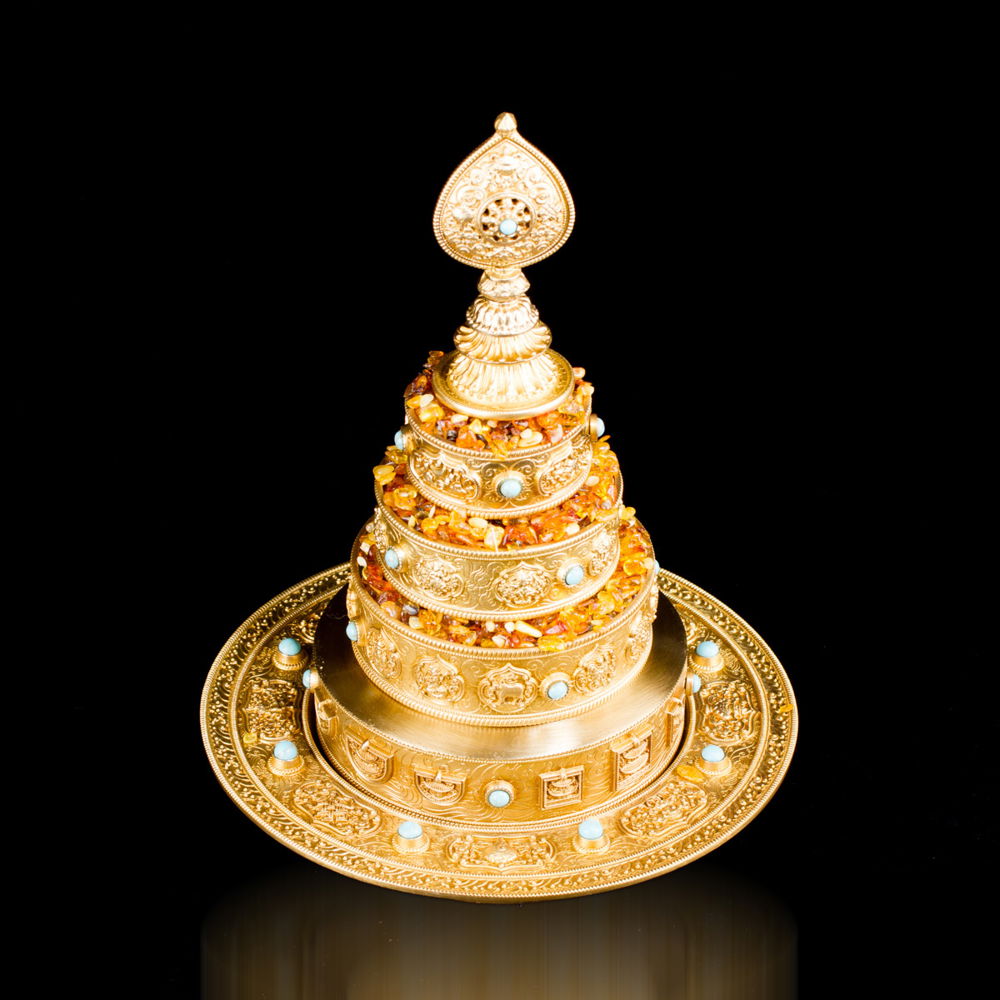 Mandala Set carved with Ashtamangala, made from copper, golden color, small size: height — 19 cm, diameter — 17,5 cm, Medium