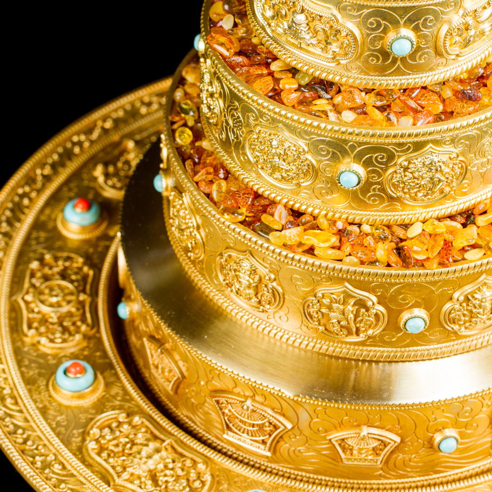 Mandala Set carved with Ashtamangala, made from copper, golden color, big size: height — 29 cm, diameter — 21 cm, Big