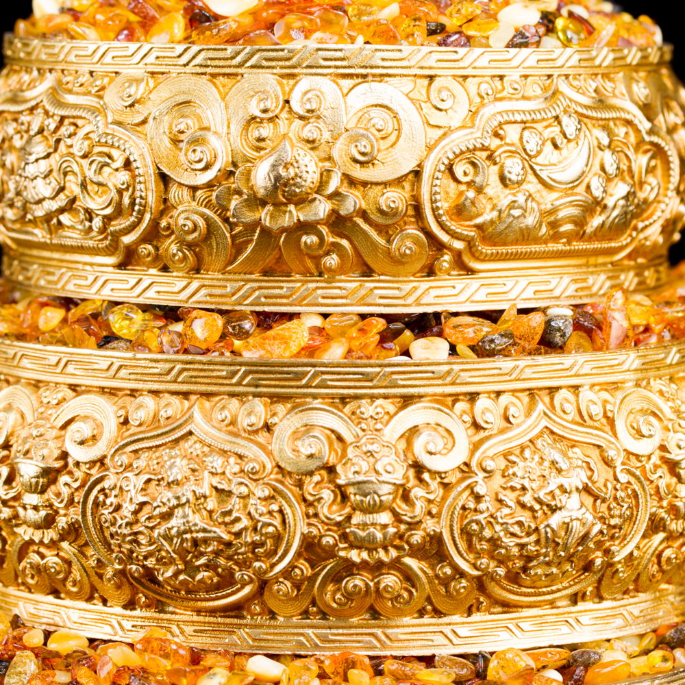 Mandala Set carved with Ashtamangala, made from copper, golden color, big size: height — 31 cm, diameter — 24 cm, Big