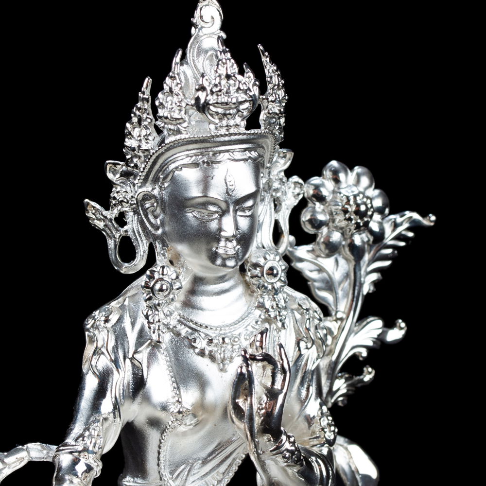 Statue of White Tara Bodhisattva of Longevity made from Sterling Silver : small perfection, height — 10.5 cm