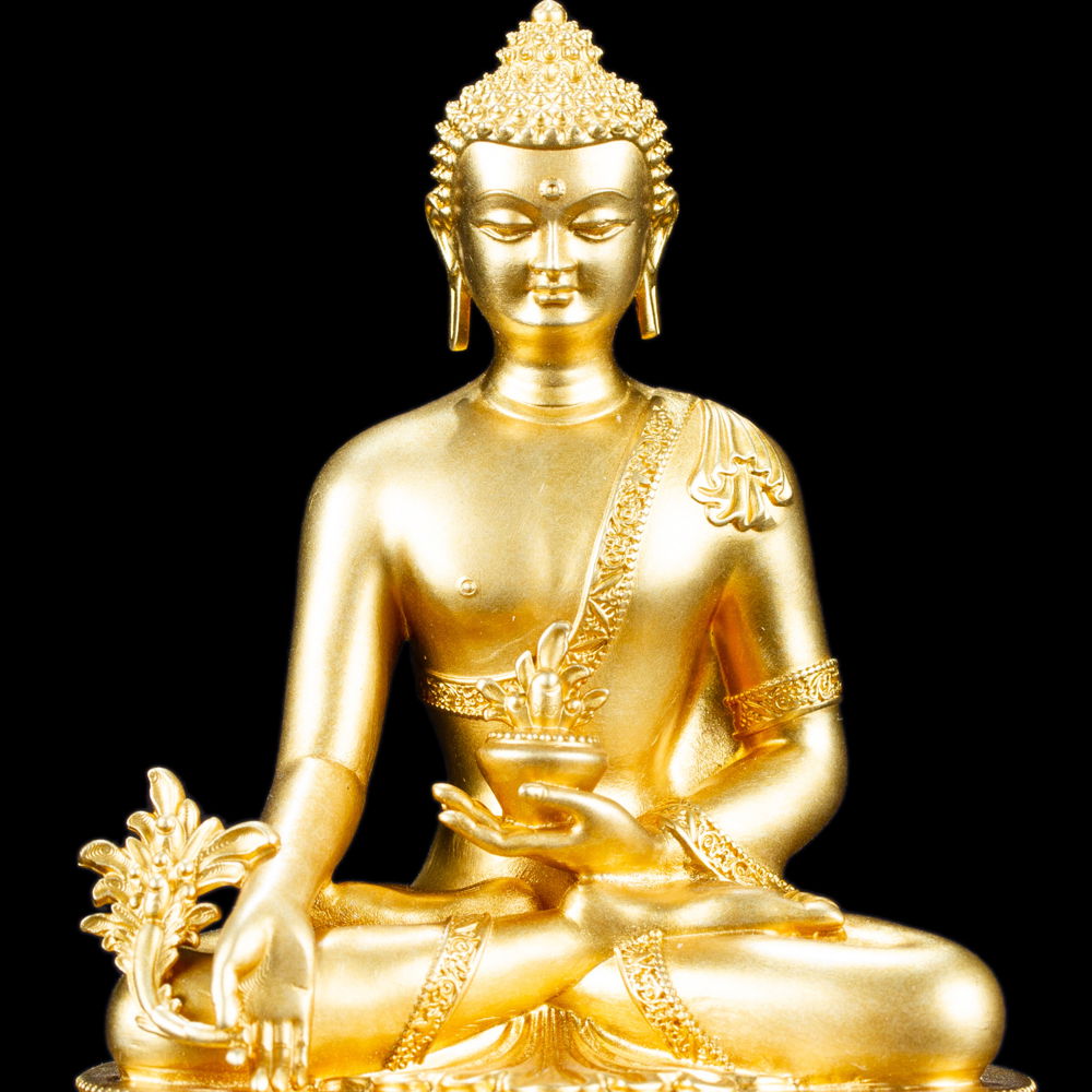 Statue of Medicine Buddha aka Menla or Bhaisajyaguru made from copper : small perfection, height — 10 cm, Copper