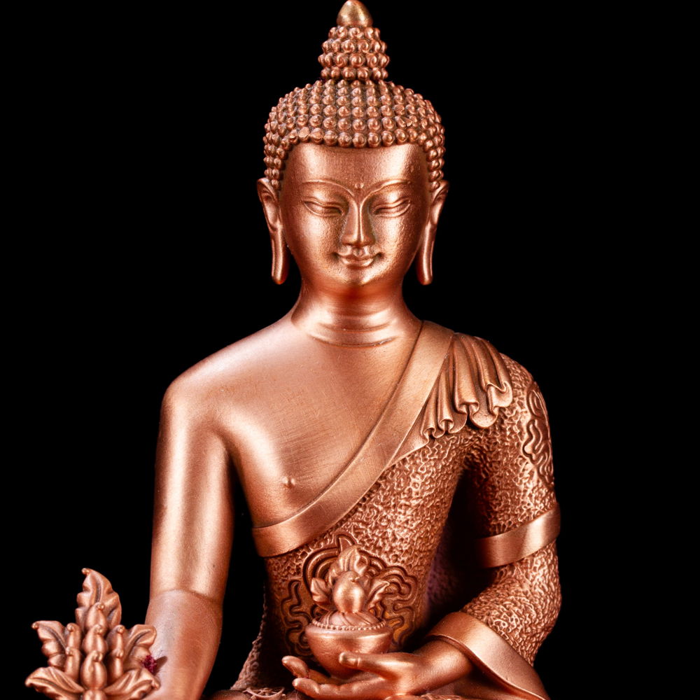 Statue of Medicine Buddha aka Menla or Bhaisajyaguru made from copper : small perfection, height — 10 cm, Menla