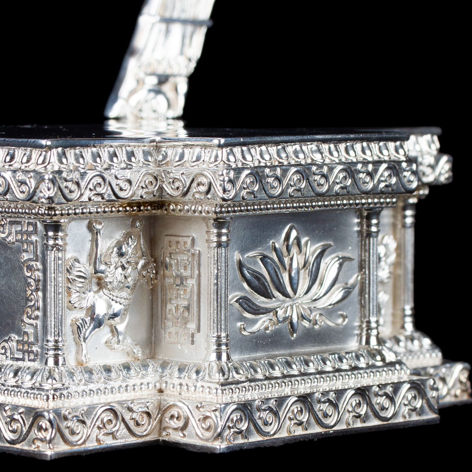 Elegant Pedestal for your Buddha statue, made of Sterling Silver, height — 18 cm, perfect carving, Silver