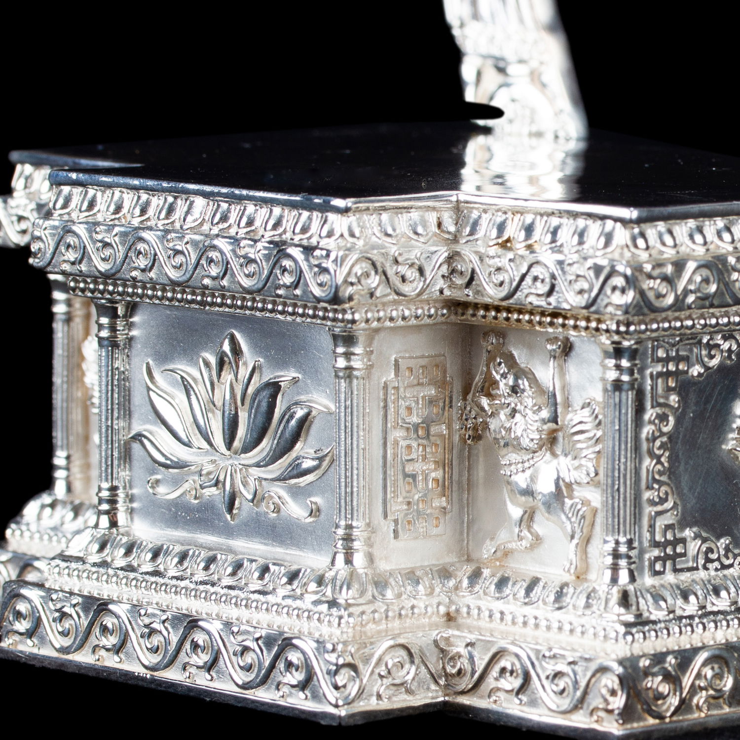 Elegant Pedestal for your Buddha statue, made of Sterling Silver, height — 18 cm, perfect carving, Silver