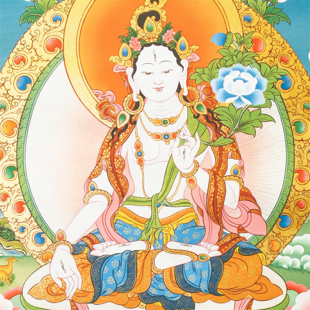 Thangka "White Tara" — high quality print on Natural Canvas — image size 32,4 x 42 cm / 12,8 x 16,5 inches