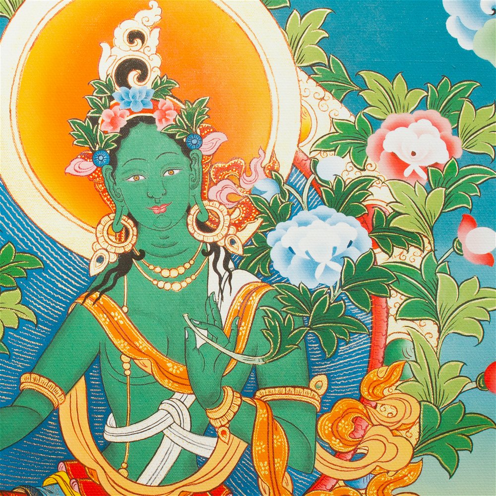 Thangka Green Tara aka Drolma — high quality print on Natural Canvas — image size 32,4 x 42 cm / 12,8 x 16,5 inches