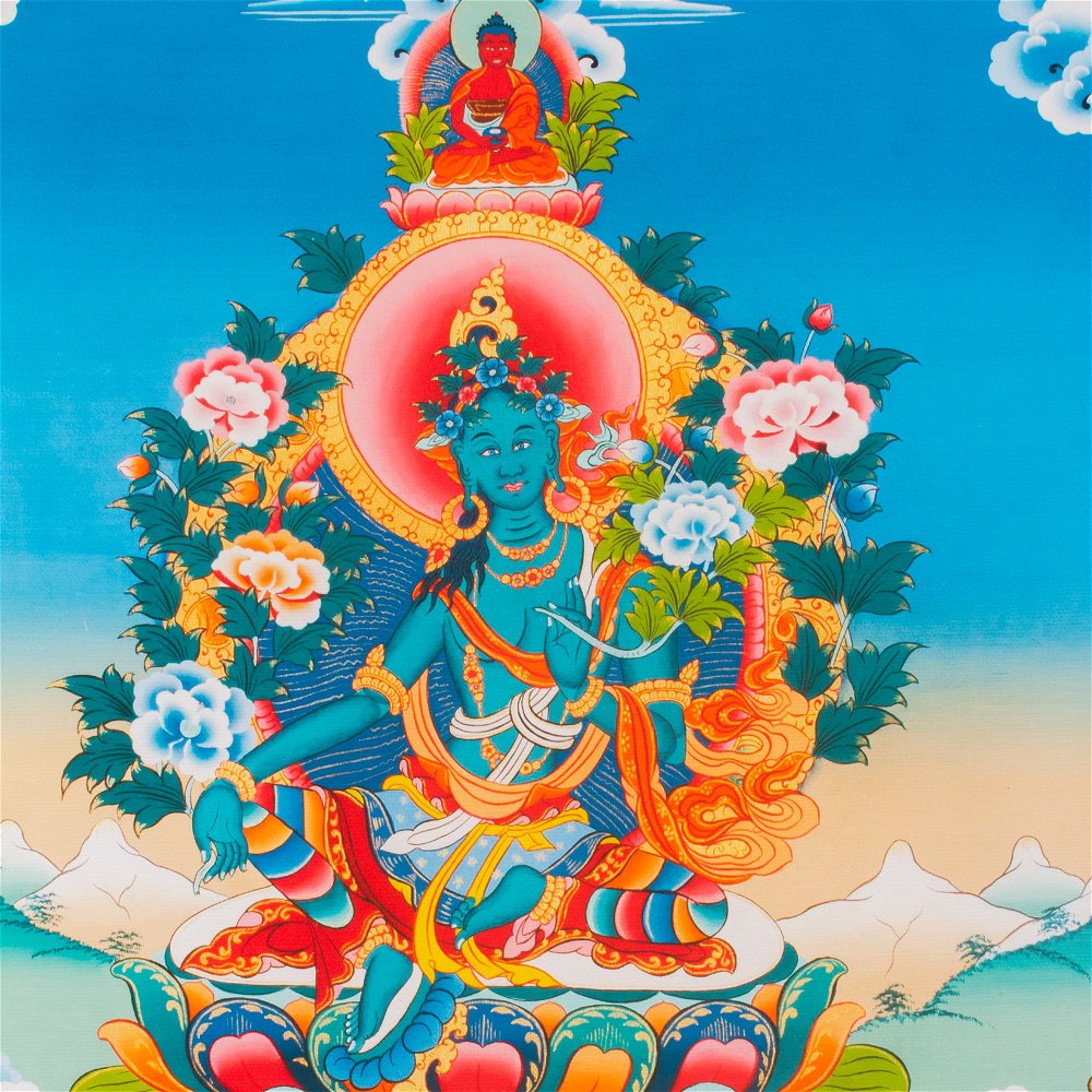 Thangka Green Tara aka Drolma — high quality print on Natural Canvas — image size 33,6 x 42 cm / 12,0 x 16,5 inches