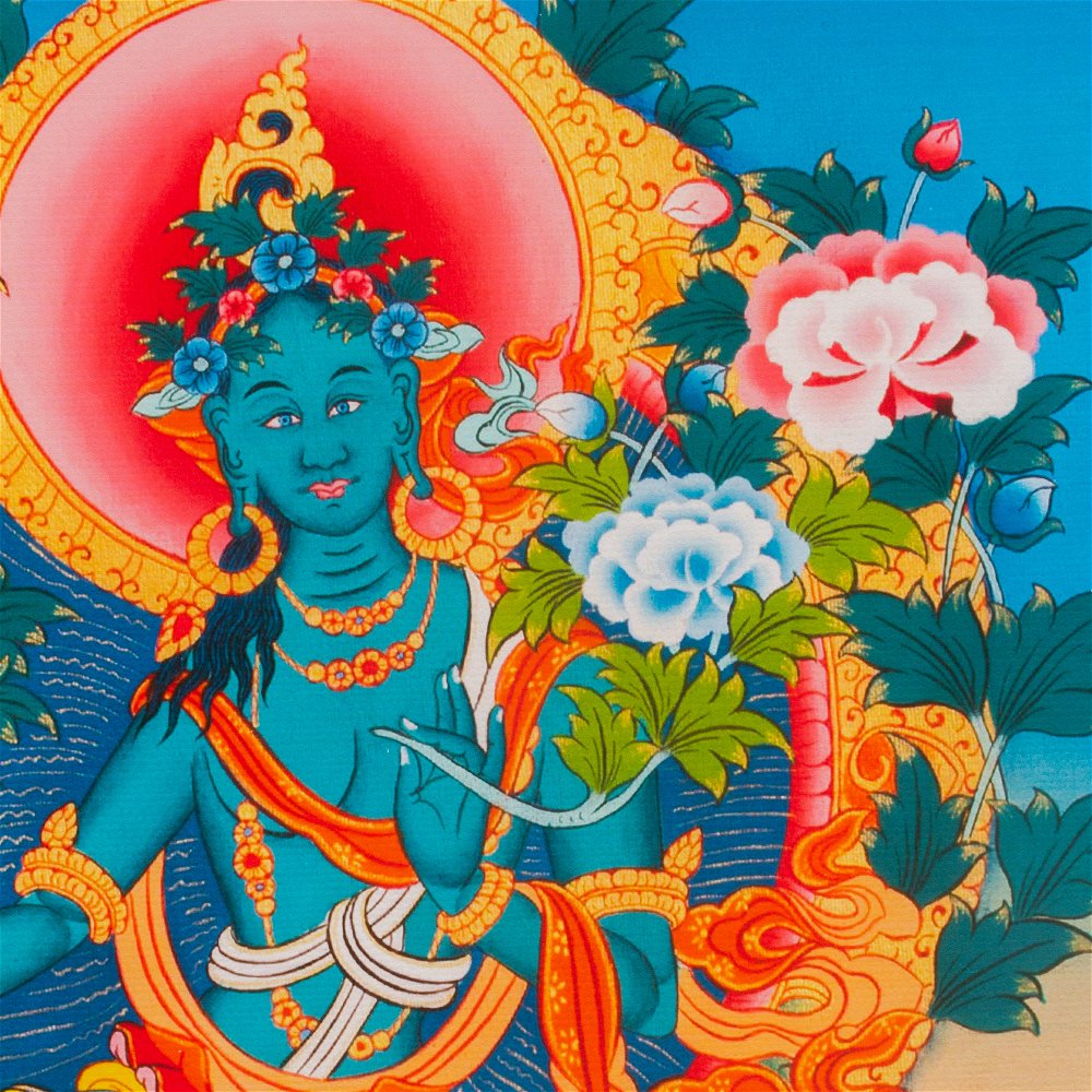 Thangka Green Tara aka Drolma — high quality print on Natural Canvas — image size 33,6 x 42 cm / 12,0 x 16,5 inches