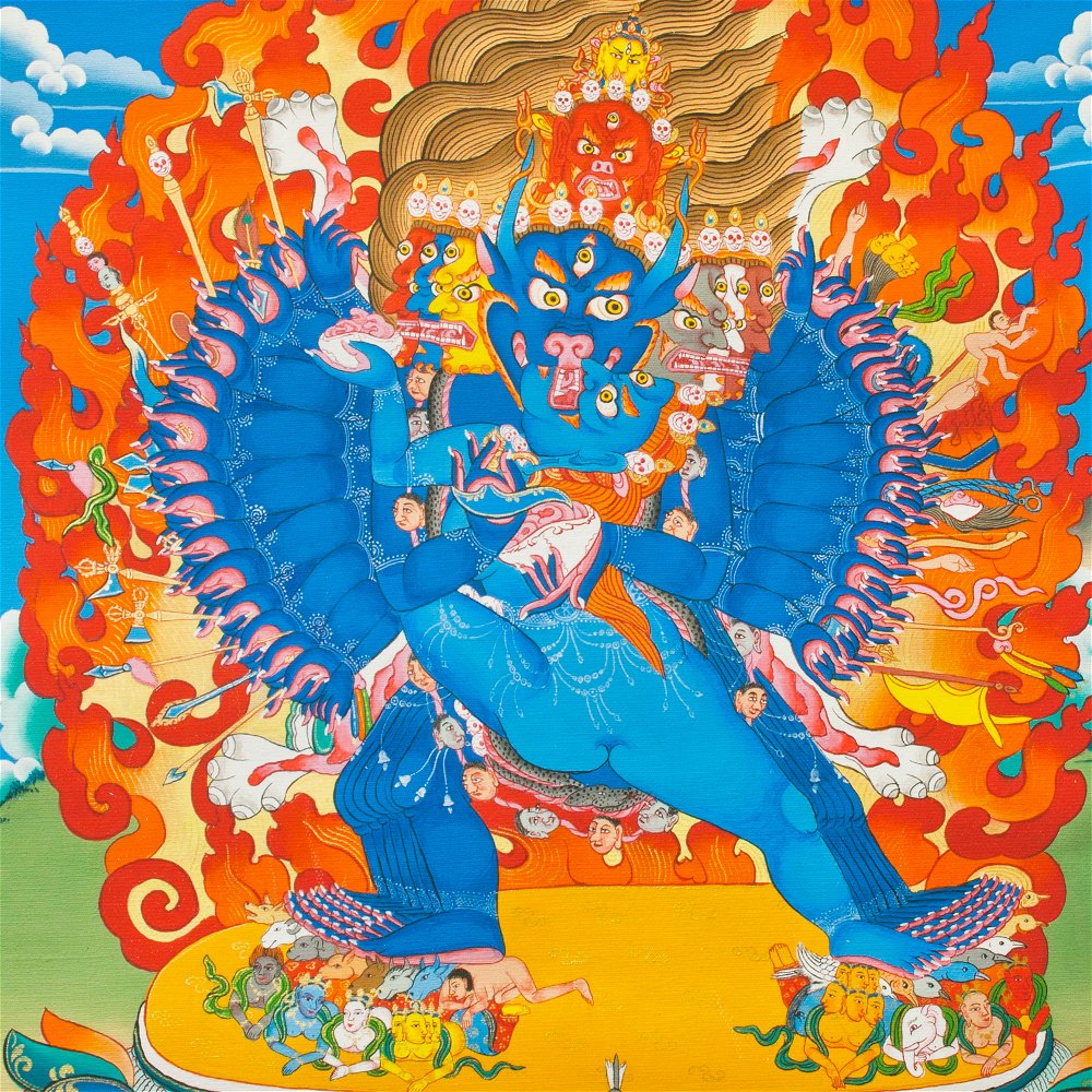 Thangka Yamantaka aka Vajrabhairava or Shinje, high quality print on Natural Canvas, image size — 32,8 x 42,0 cm / 12,9 x 16,5 inches, With consort