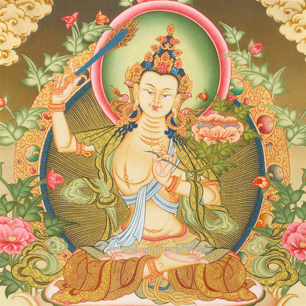 Thangka Manjushree a bodhisattva of wisdom, high quality print on Natural Canvas, image size — 29,3 x 42,0 cm / 11,5 x 16,5 inches