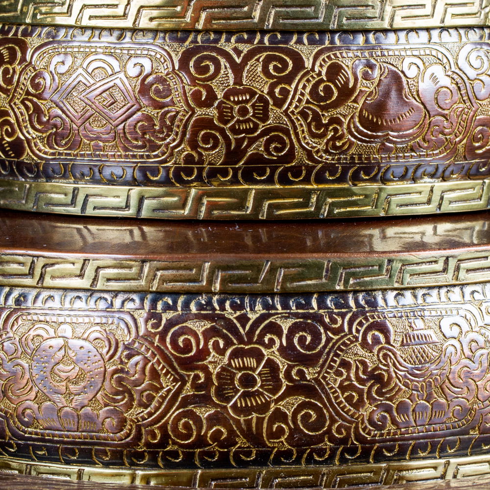 Buddhist copper Mandala Set with traditional carving, brown color | Big size : height — 33.0 cm, diameter — 24.0 cm, Big