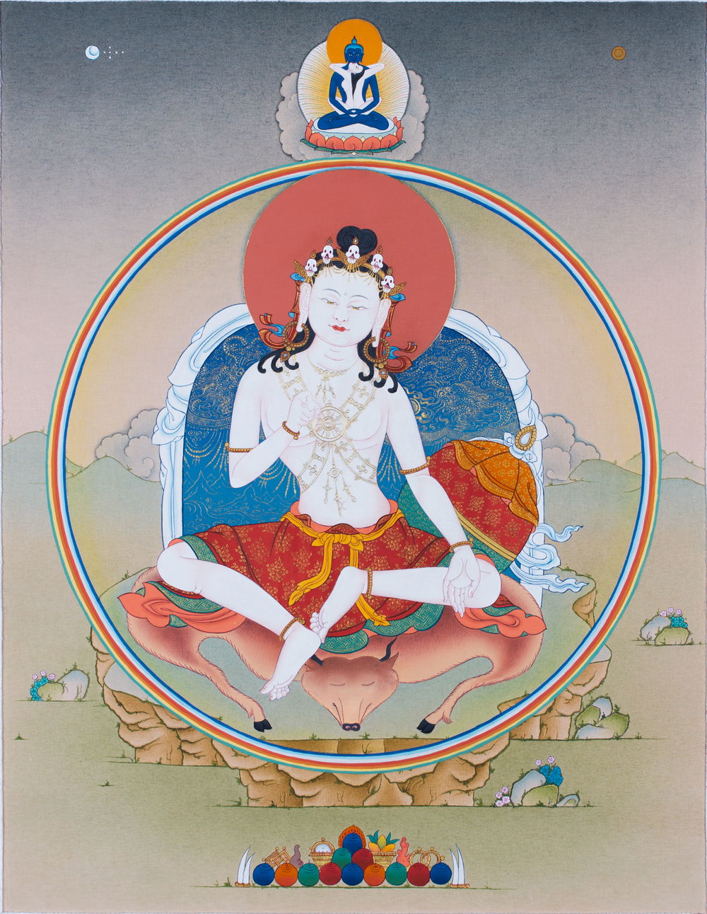 Thangka "Garab Dorje Great Dzogchen Teacher", Real Tibetan painting on canvas, image size — 34x45 cm / 13,6 x 17,7 inches | Buddhist Art, Garab Dorje with Kunzang on top