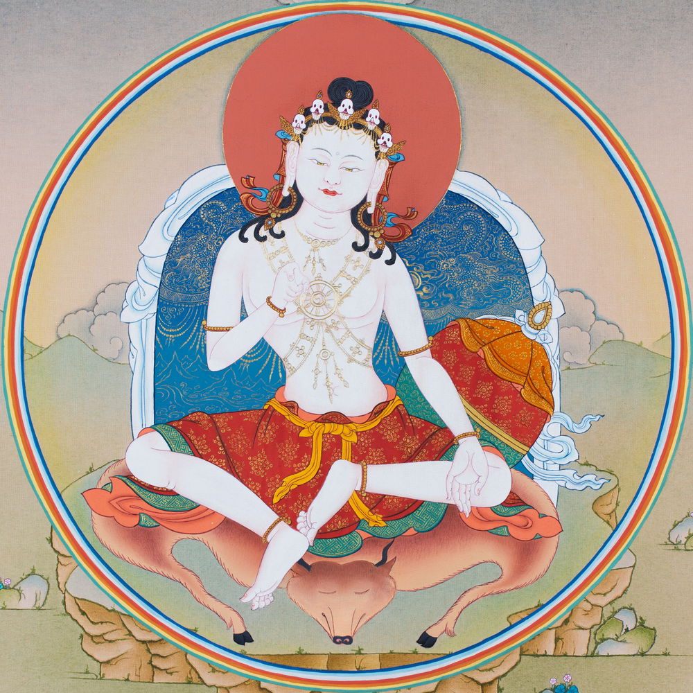 Thangka "Garab Dorje Great Dzogchen Teacher", Real Tibetan painting on canvas, image size — 34x45 cm / 13,6 x 17,7 inches | Buddhist Art, Garab Dorje with Kunzang on top