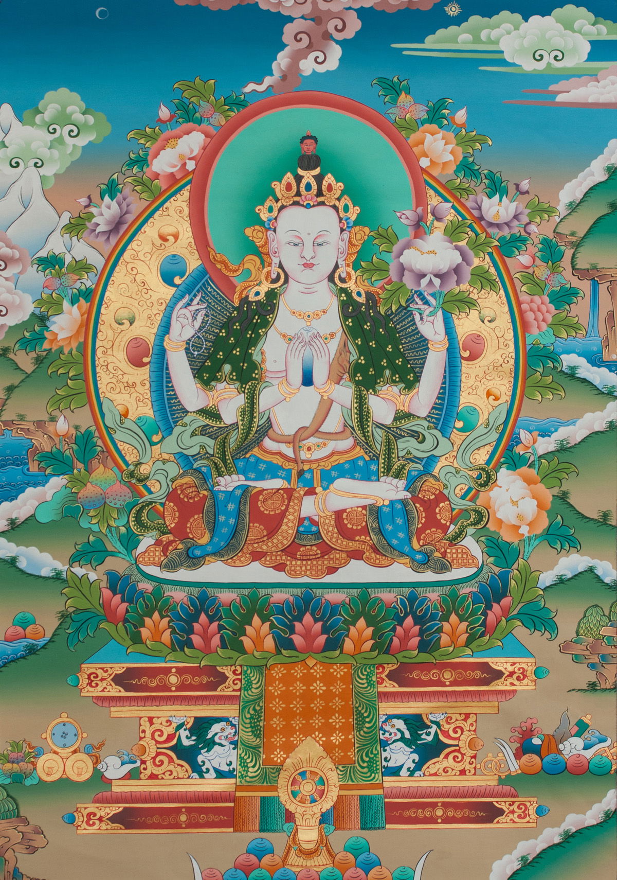 Thangka "Avalokitesvara" aka Chenrezik, Real Tibetan painting on canvas, image size 47x67 cm / 18,5 x 26,4 inches | Buddhist Art